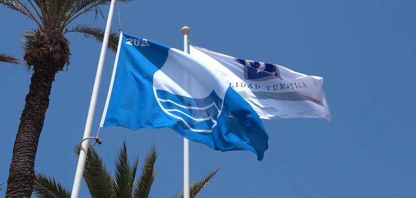 Blue Flag flying on a beach