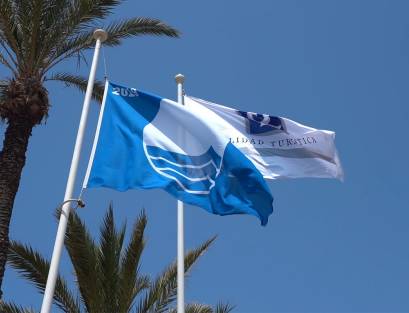 Blauwe vlag op een strand